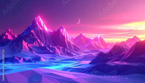Abstract, low-poly, vibrant landscape with sharp peaks under a bright, colorful sky, and a small crescent moon