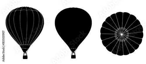 Hot Air Balloon Silhouette Set Side, Front, and Top Views for Design and Illustration Purposes