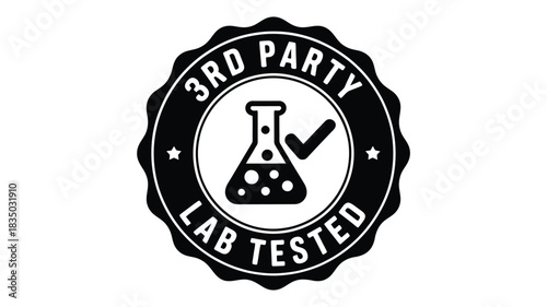 Black and white emblem or seal indicating third party lab tested with a beaker and checkmark