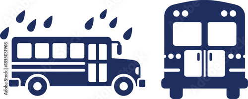 Blue School Bus Icon in Rain and Front View transportation vehicle