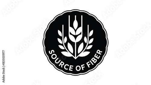Black oval emblem with wheat stalks and text source of fiber