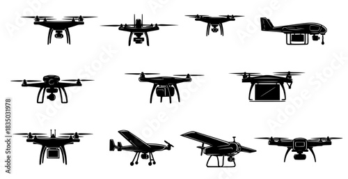 Collection of Drone Silhouettes Variety of Aerial Devices, Ideal for Tech and Innovation Concepts