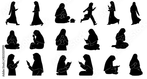collection of silhouettes depicting a Muslim woman in a hijab engaged in various daily life activities, prayer, and reading
