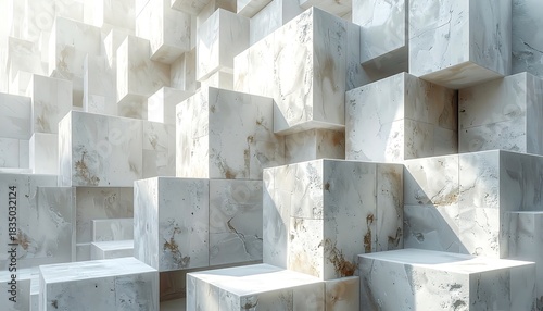Abstract marble cubes in varying heights, bathed in soft, bright light, creating a textured, geometric landscape
