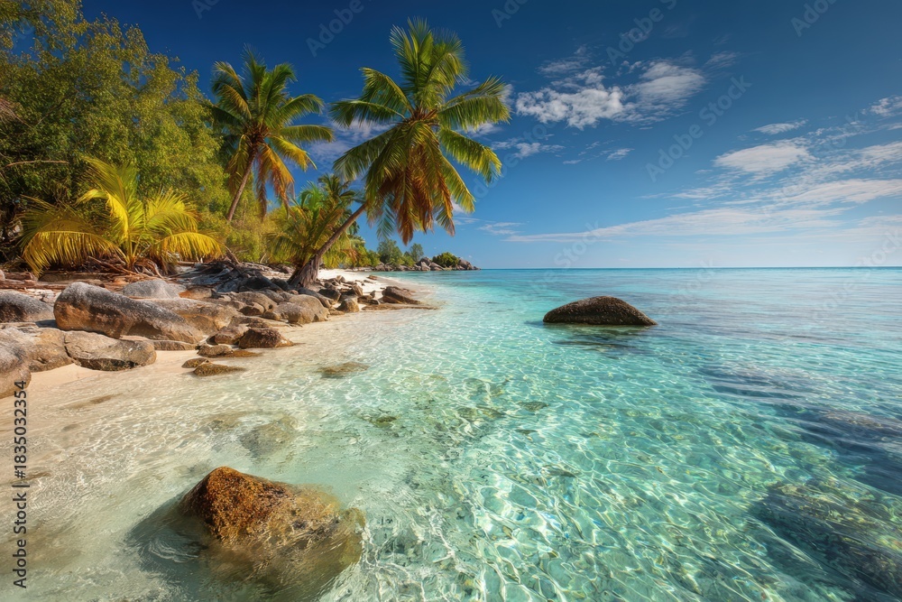 Obraz premium Tropical island beach with clear waters, lush palms, and serene skies creating a tranquil paradise for relaxation and adventure