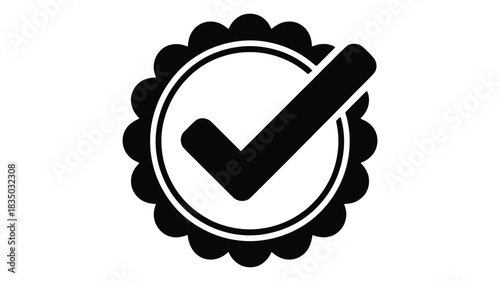 Black check mark inside an oval badge with a scalloped border symbolizing approval or success