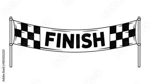 Hand drawn checkered finish line banner with the word finish in bold black letters