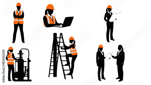 Silhouette illustrations of construction workers performing various tasks, including climbing ladders, using laptops, and reviewing blueprints