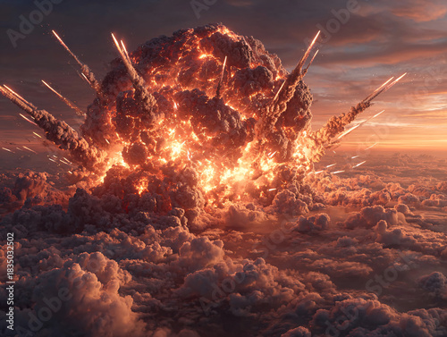 a massive explosion in the sky, surrounded by clouds. The explosion emits bright orange flames and fragments, creating a dramatic and powerful visual effect.