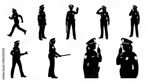 Silhouette Collection Diverse Police Officer Poses and Actions for Design and Illustration Projects