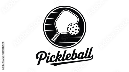 Retro style pickleball logo featuring paddle ball and text