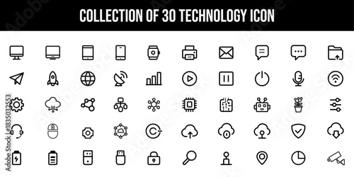 A comprehensive collection of 30 technology icons, presented in a clean line art style on a white background. This set includes essential tech symbols.