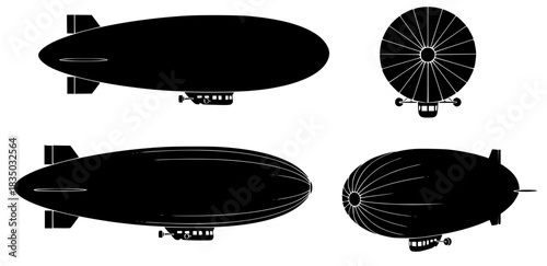 Set of black airship silhouettes in various views. Vector illustration of a vintage dirigible icon for transport and travel concepts