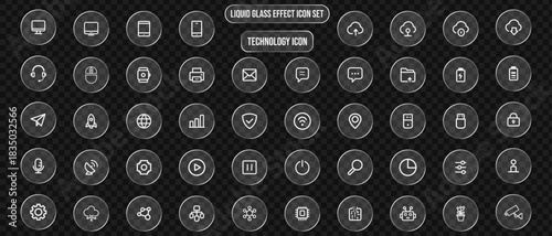 This set features a liquid glass effect for technology icons on an isolated background, offering a sleek and modern design. Collection includes various tech-related symbols.
