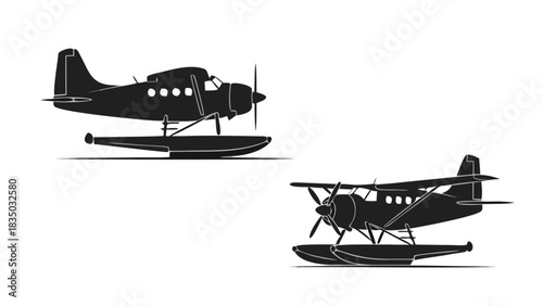 Silhouettes of Two Seaplanes in Flight Vintage Aircraft Designs for Travel and Adventure