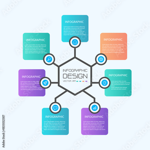 A hexagon-centered infographic design vector art template with six distinct options radiating outwards. Each option provides space for descriptive text.