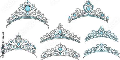 Elegant tiara collection with blue gemstones and intricate scrollwork for fashion, jewelry design, costume, and illustration use