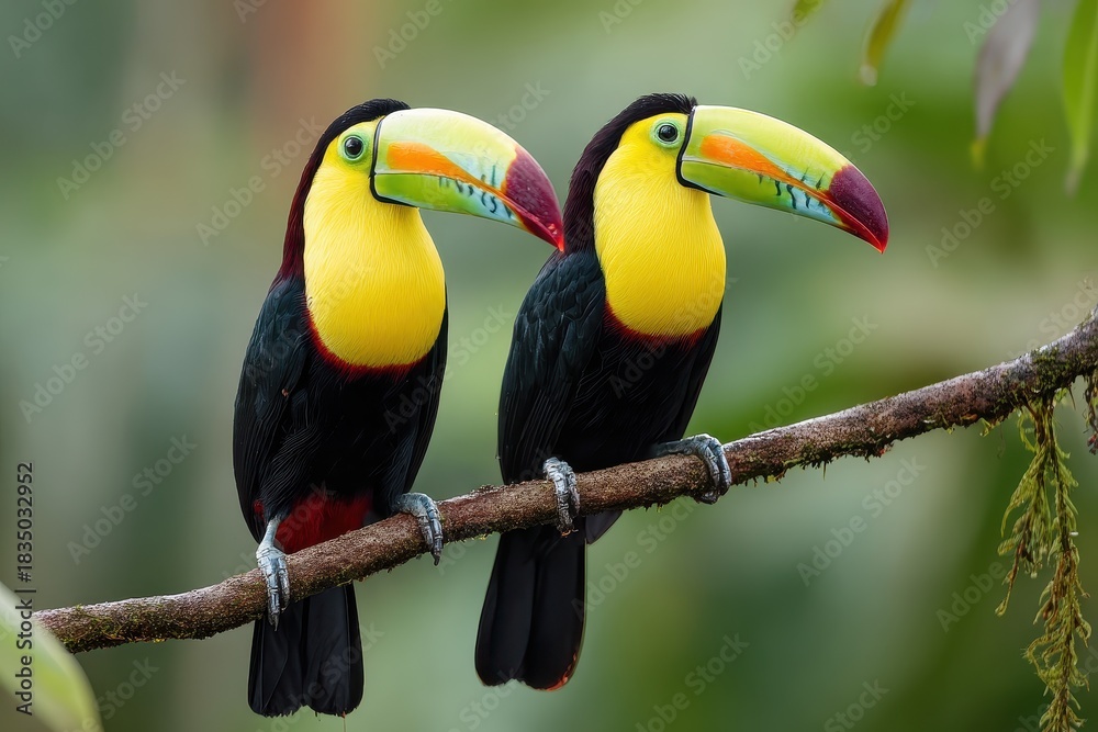 Naklejka premium Brightly colored toucans perched on a branch in lush green forest habitat, showcasing their stunning plumage and vibrant beaks in the morning light