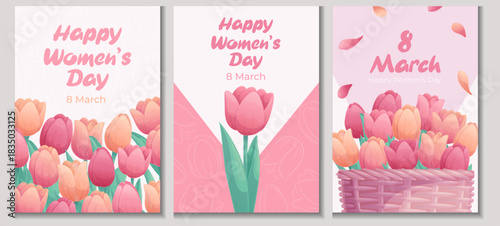 A set of templates for creating greeting cards for Women's Day. March 8th. Tulips in a basket, a bouquet. Vector illustration for the design of a postcard, invitation card, poster, banner