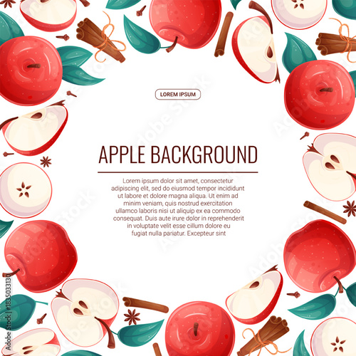 Colorful background with apples. Whole apple, half apple, sliced apple, cinnamon. Vector illustration for the design of posters, flyers, postcards and invitations