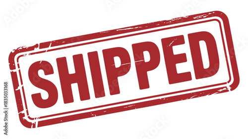 Red and white rubber stamp graphic with the word shipped in bold capital letters