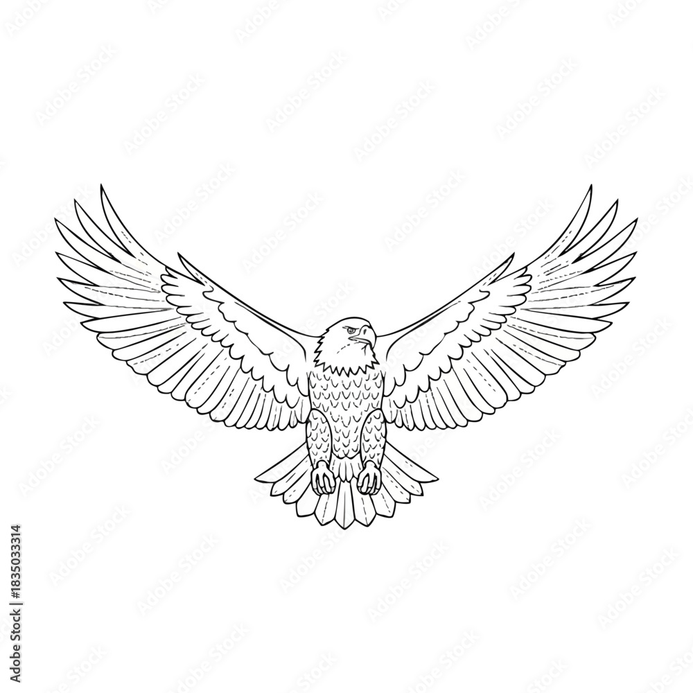 Fototapeta premium A detailed line drawing of an eagle with outstretched wings against a plain white background.