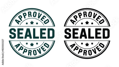 Two oval stamps showing approved sealed text with stars and lines in green and black
