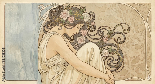 Ethereal Bloom: A Art Nouveau Portrait of Serene Contemplation