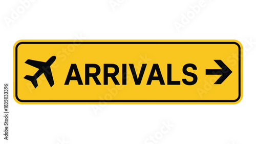 Yellow airport arrivals sign with airplane icon and directional arrow
