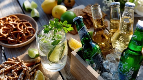 A cozy gathering spot is set with a selection of craft beers and savory snacks on a warm light wood table, inviting relaxation. a casual get-together with friends or a quiet evening at home.