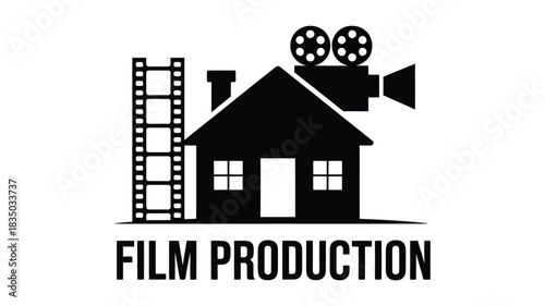 Creative film production studio represented by a house with a film reel and vintage camera