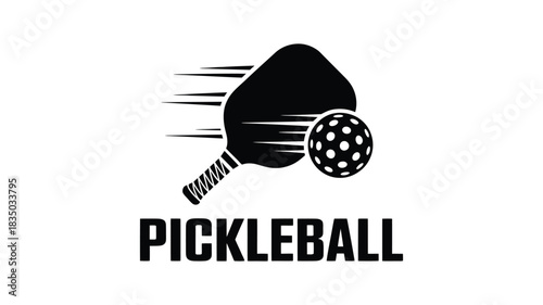 Dynamic silhouette of a pickleball paddle and ball in motion with the word pickleball
