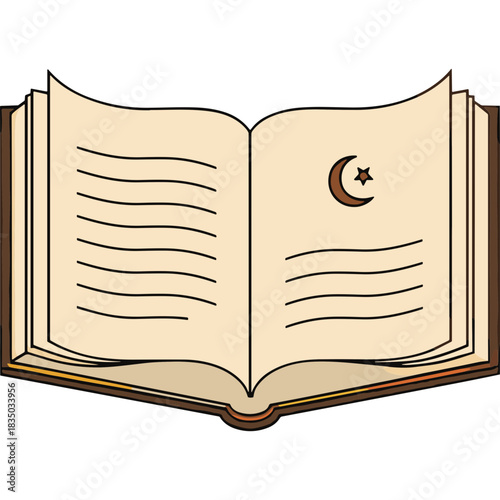 Open Book with Crescent Moon and Star Symbol on a Page Detailed Religious Text Study and Spiritual Enlightenment