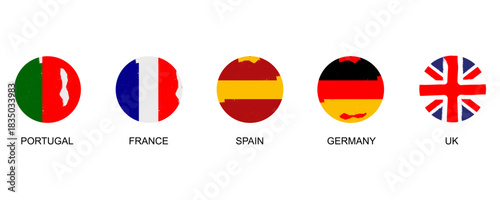 germany flag painted on metal, flags of the world,  ink brush strokes on cotton paper. Set of five european flags speech bubbles. Portuguese, French, Spanish, German, English language concept.