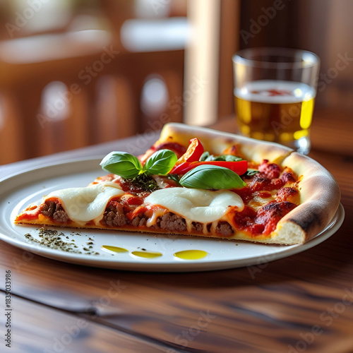 A slice of crispy pizza with meat and cheese