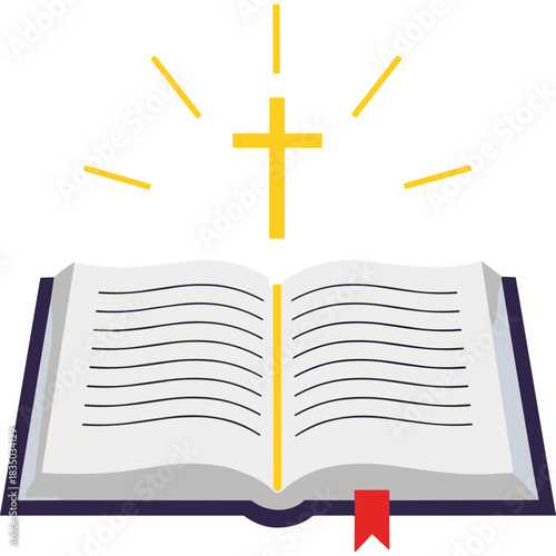 Open Holy Bible With Glowing Cross Above Illustrating Faith Hope And Spirituality In Simple Flat Design