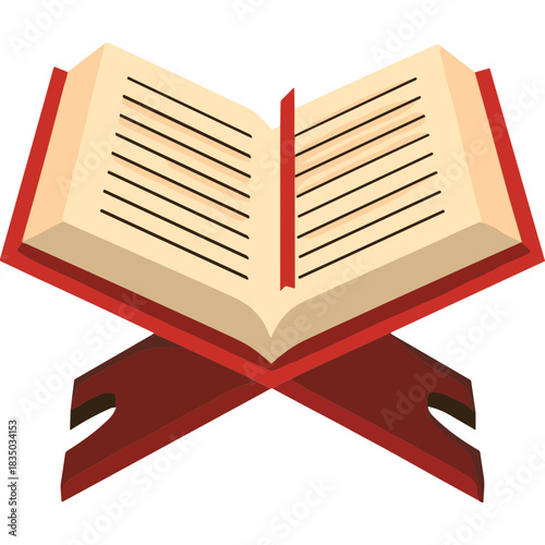 Open Holy Book On Red Stand With Yellow Pages And Black Text A Religious Artifact For Reading Sacred Scriptures In Simple Minimalist Style