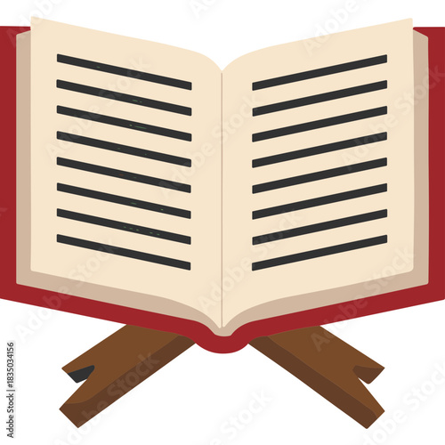 Open Holy Book on Wooden Stand with Lined Pages and Red Cover Detailed Illustration on Black Background