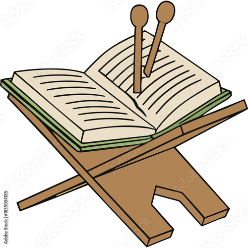 Open Holy Book Resting On A Wooden Stand With Two Wooden Sticks Poking Out Of The Pages In A Simple Cartoon Style Illustration