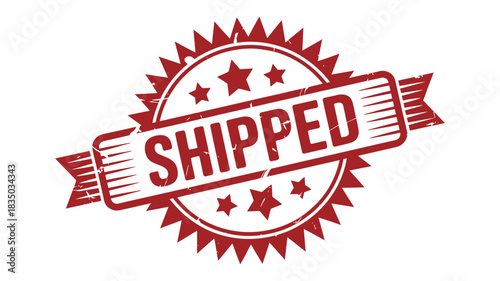 Red shipped stamp with stars and ribbons on white background