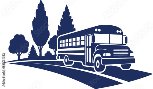Dark blue school bus driving on a road with trees and hills transportation vehicle
