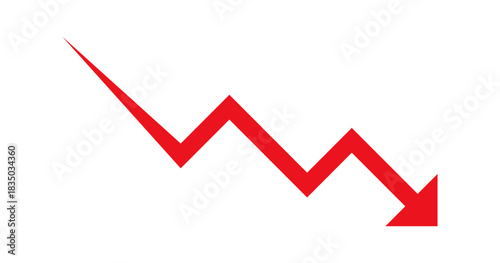 Red Downward Trend Arrow Vector. Loss and Negative Financial Chart Icon. Falling Stock Market Graph Symbol