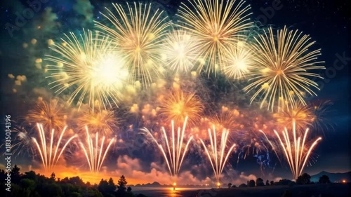 Spectacular Fireworks Display Over a Tranquil Landscape at Night
