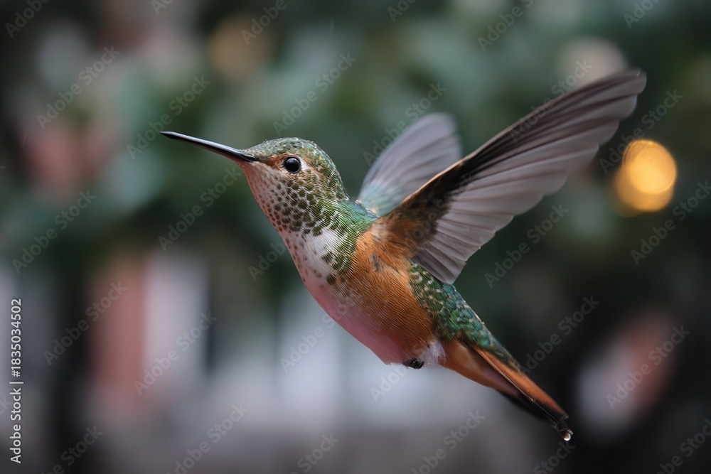 Naklejka premium Vibrant hummingbird hovering gracefully in a garden filled with lush greenery and soft bokeh lights during the early morning hours