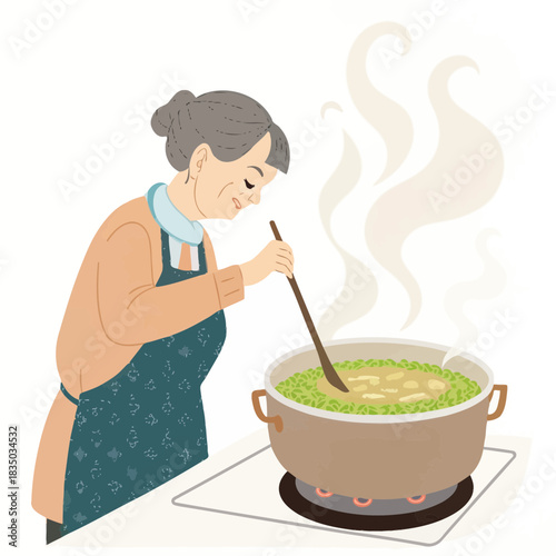 Elderly grandmother stirring a pot of soup on the stove