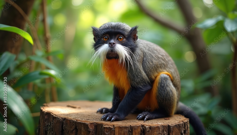 Obraz premium Moustached tamarin monkey sits on tree stump in lush green forest. Small primate with orange fur and black face looks curiously at camera. Wildlife scene in natural habitat.