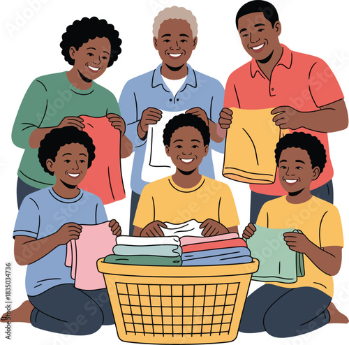 Happy african american family folding laundry together indoors