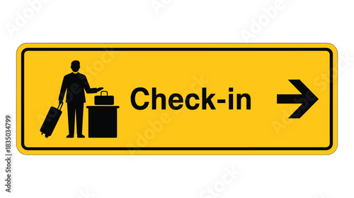 Yellow airport check in sign with silhouette of traveler and arrow indicating direction