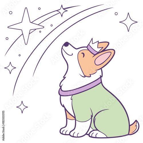 Cute SVG of a Peaceful Corgi in Aurora Glow colors, featuring with a tiny crown in a Aurora Glow setting