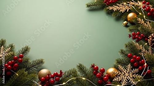 Festive Christmas spirit with pine branches, ornaments, and red berries creates a magical atmosphere perfect for holiday cheer and seasonal greetings